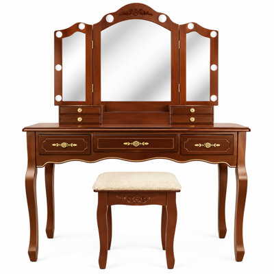 Mandi 38.6" Brown Makeup Vanity Set with 7 Drawers Lighted Tri-Fold Mirror and Stool
