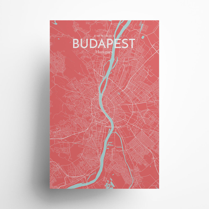 Budapest City Map In Maritime - No Frame Print, 17cm H x 11cm W x 0.05cm D