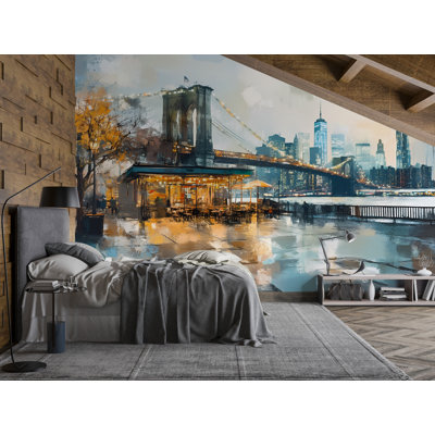 Papier peint coloré Cityscape NYC - Murale urbaine vibrante avec des cafés et des ponts, idéale pour la chambre ou le salon, paysage urbain artistique