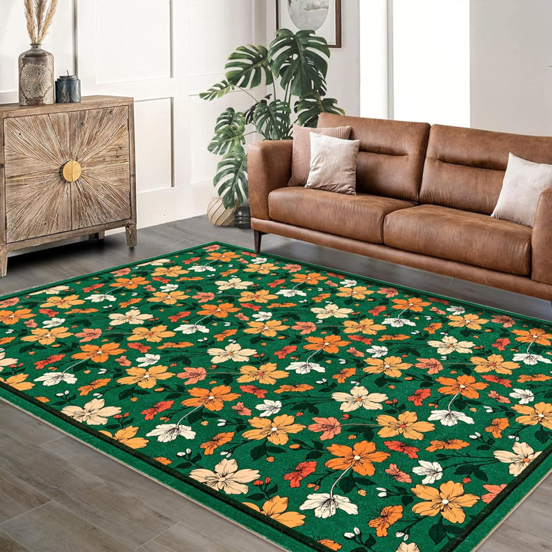 Washable Boho Floral, Non-Slip, Low Pile, Soft Throw Rug for Entryway, Kitchen, Kids Room, Green, Small Machine Washable.