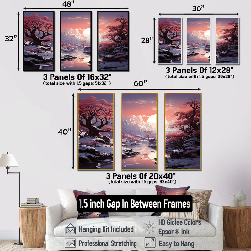 «Kawaii Winter Landscape Sunrise I», ensemble d'art sur toile, Cadre flottant blanc, H 28 po x l 36 po x P 1 po