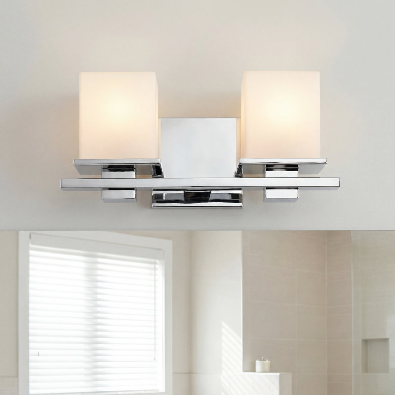 Macri Chrome 2-Light Vanity Light with Square Satin Etched Glass Shades, Chrome