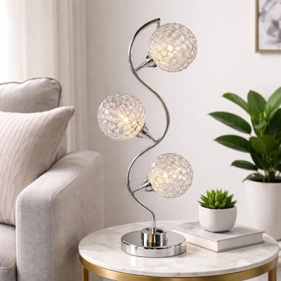 Crystal Globe Table Lamp With Triple Light, Chrome Finish, 32 Inch