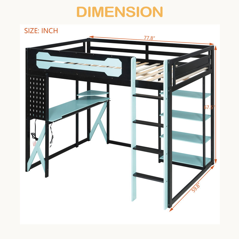 Lit mezzanine double en bois avec bureau, tablettes, prise de courant et ports USB / Type-C, Noir / Bleu