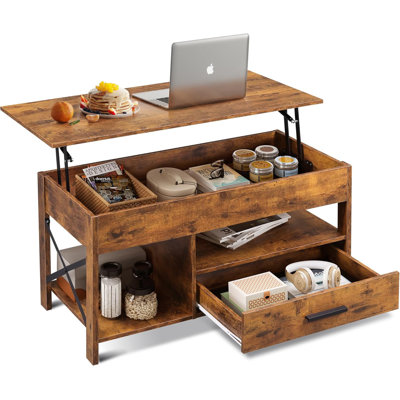 Coffee Table, 39"" Lift Top Coffee Table with Hidden Compartment, Storage Drawers and Storage Shelf for Living Room, Reception Room, Rustic Brown -  Ophelia & Co., 218CE5EC06534A74975B071DC8FE2EEC