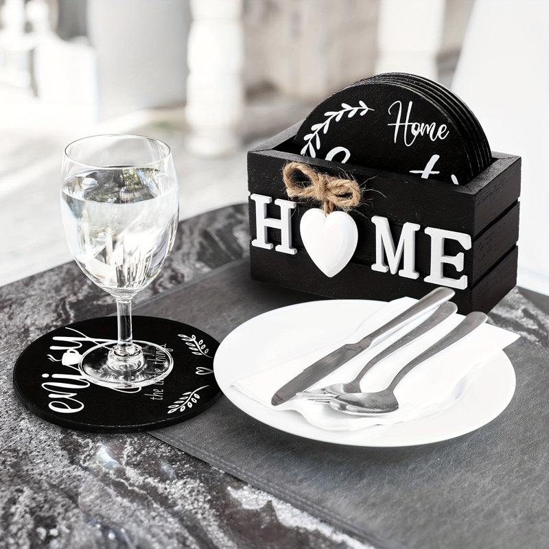 6Pc Black Wooden Heart Coasters With Holder, Brown
