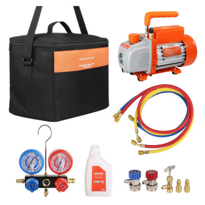 VEVOR 1/5 HP 3.5 CFM Single-Stage HVAC Vacuum Pump Kit with Manifold Gauge Set, Leak-Proof Hoses & Carry Bag for R134a/R410a