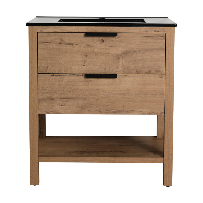 Armoire de salle de bain 30 po - 2 tiroirs, autoportante, lavabo en céramique, contreplaqué, design moderne, instructions d'installation simple, tiroir de meuble-lavabo 30 po, armoire noire, méthode d'assemblage rapide