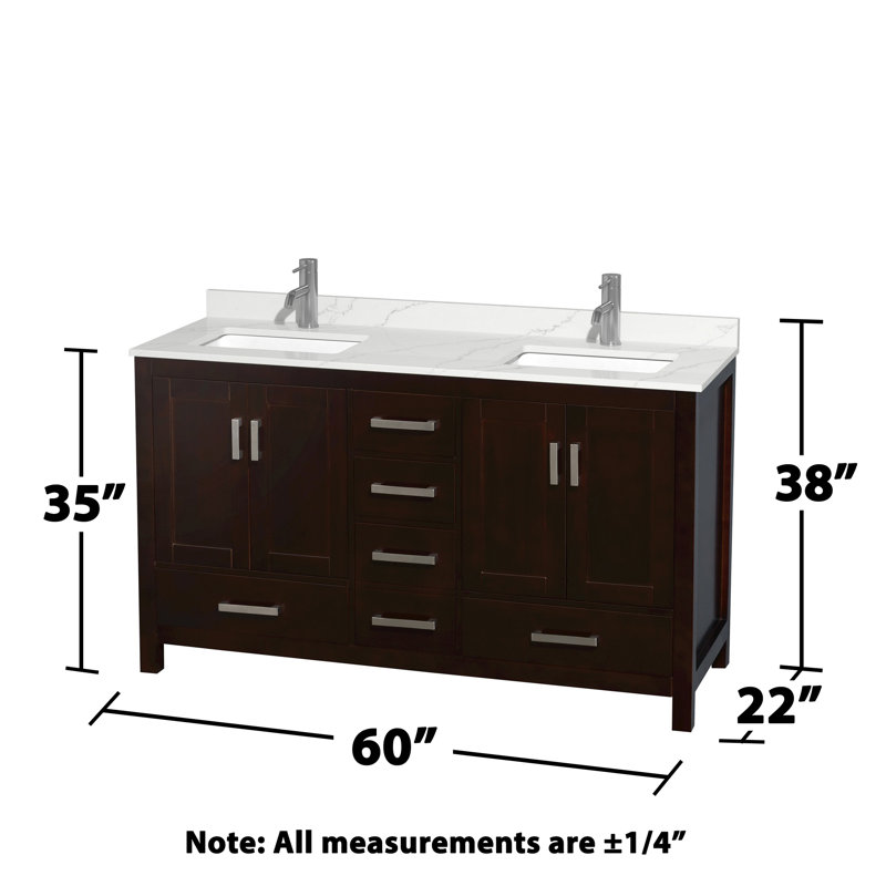 Meuble-lavabo double autoportant 60 po avec plateau en quartz Sheffield et miroir 58 po, Quartz Giotto, Brun, Chrome