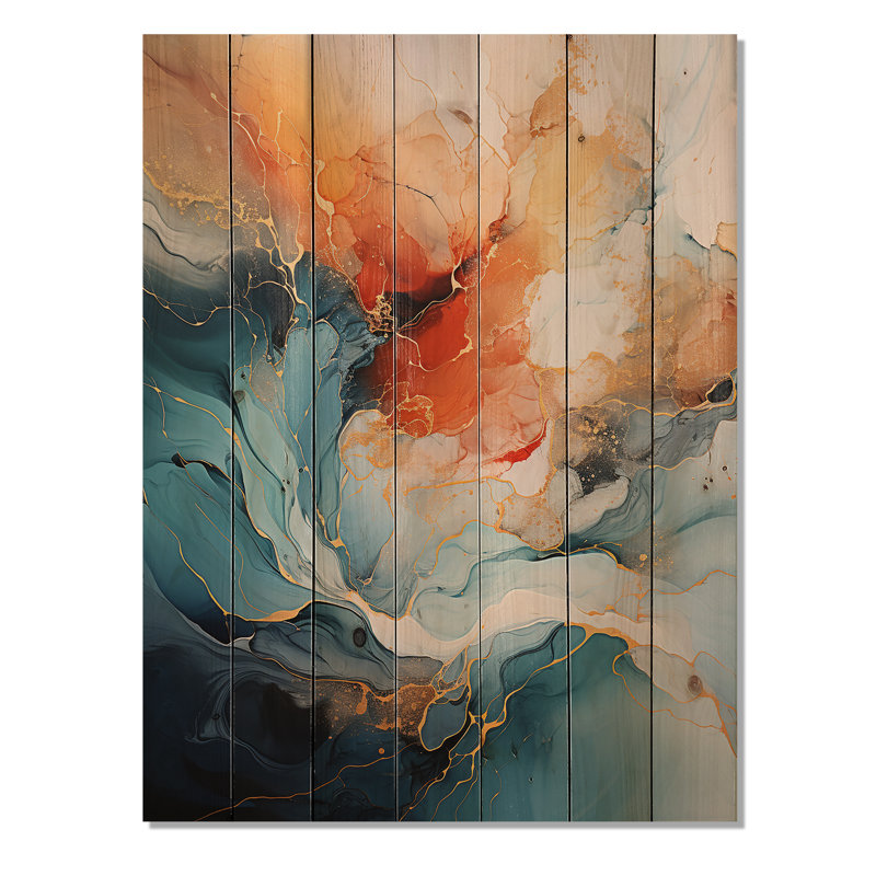 «Teal Orange Bold Abstract Flow Collage II» sur bois, H 20 po x l 10 po x P 0,78 po