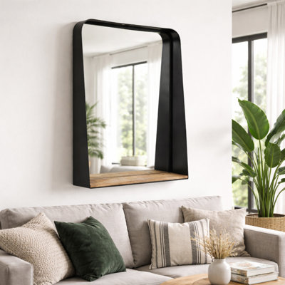 Miroir mural chic avec cadre en métal et tablette en bois pour table de coiffeuse