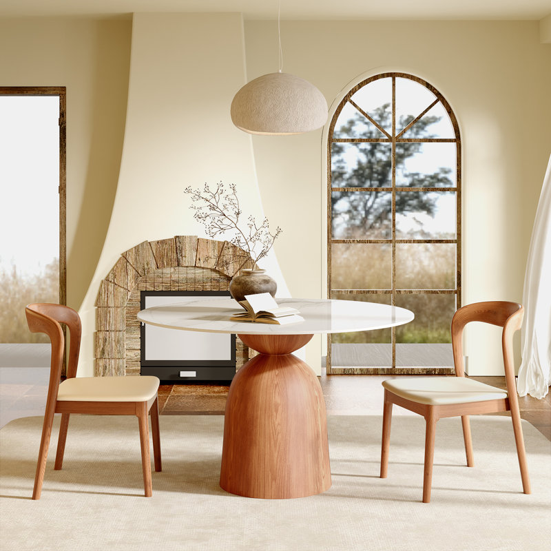 Mid-Century Modern Round Dining Table, 39"/43"/47"/53"/59" Sintered Stone Top, Solid Wood Base, Farmhouse Kitchen Table, Stain & Scratch Resistant