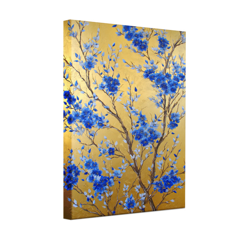 Plantes et fleurs Fleurs bleues sur fond doré, H 24 po x l 16 po