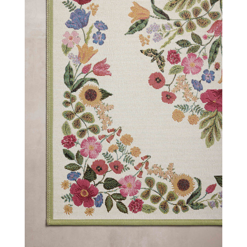 Cream Floral Wool and Synthetic Indoor/Outdoor Area Rug 6'-7" x 9'-4"