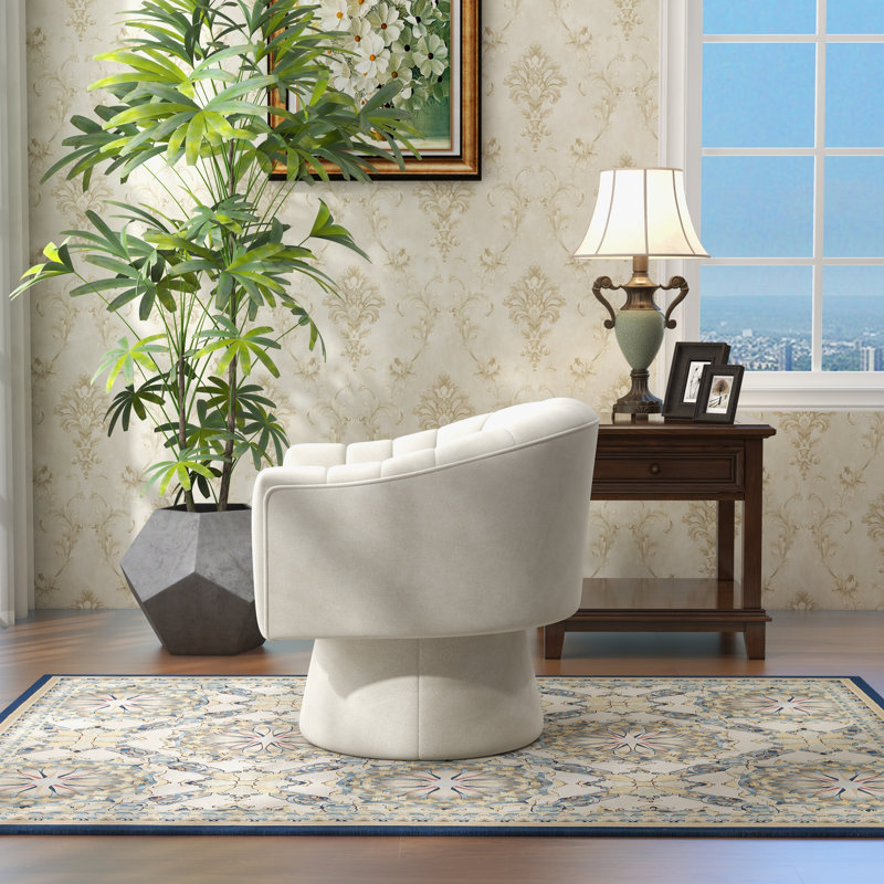 Fauteuil demi-tonneau pivotant de 25,2 po Iryanna, Velours beige, 1