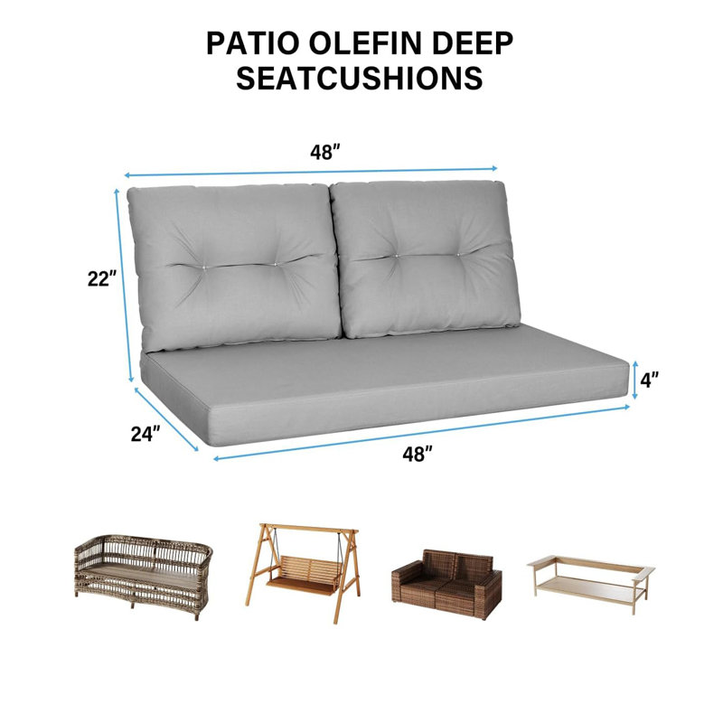 Coussins de remplacement pour causeuse d'extérieur - ensemble de siège profond de 48 x 24 po, tissu d'oléfine imperméable, antidérapant et résistant à la décoloration et aux taches, idéal pour un canapé ou un banc de patio, gris foncé