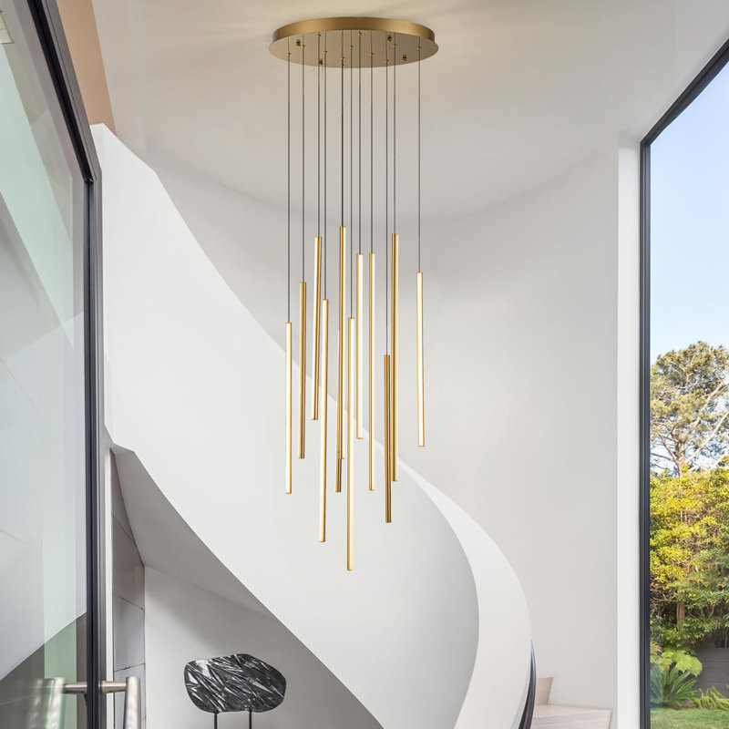 Caylah Cluster Cylinder LED Pendant for Stairs, Gold, 304.8cm H x 59.9cm W x 59.9cm D