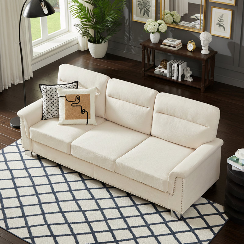 Canapé 3 places avec têtes de clou et coussin, Beige