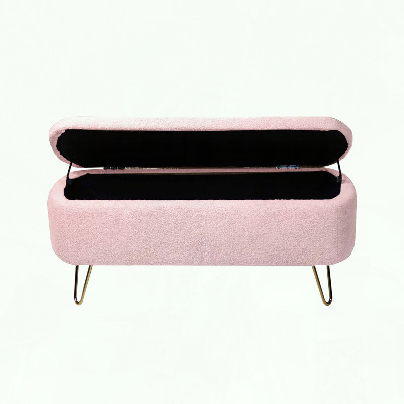 Banc de rangement avec repose-pieds avec fausse fourrure et pieds dorés, Rose