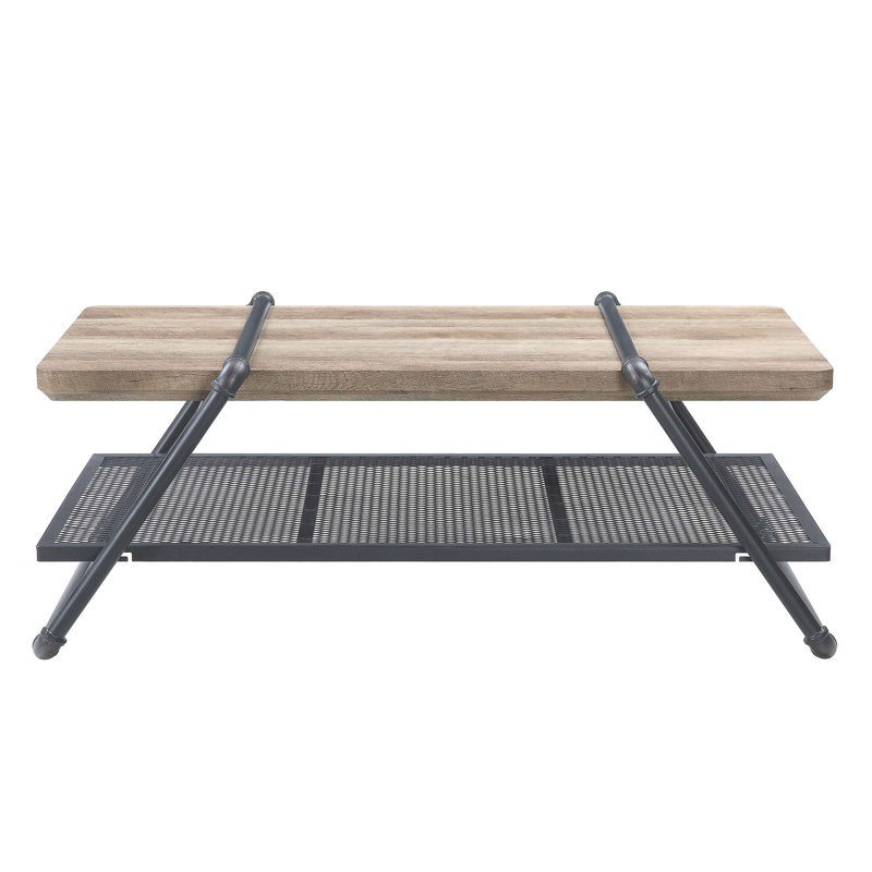 Brantley 47'' Oak and Gray Industrial Coffee Table with Metal Mesh Shelf