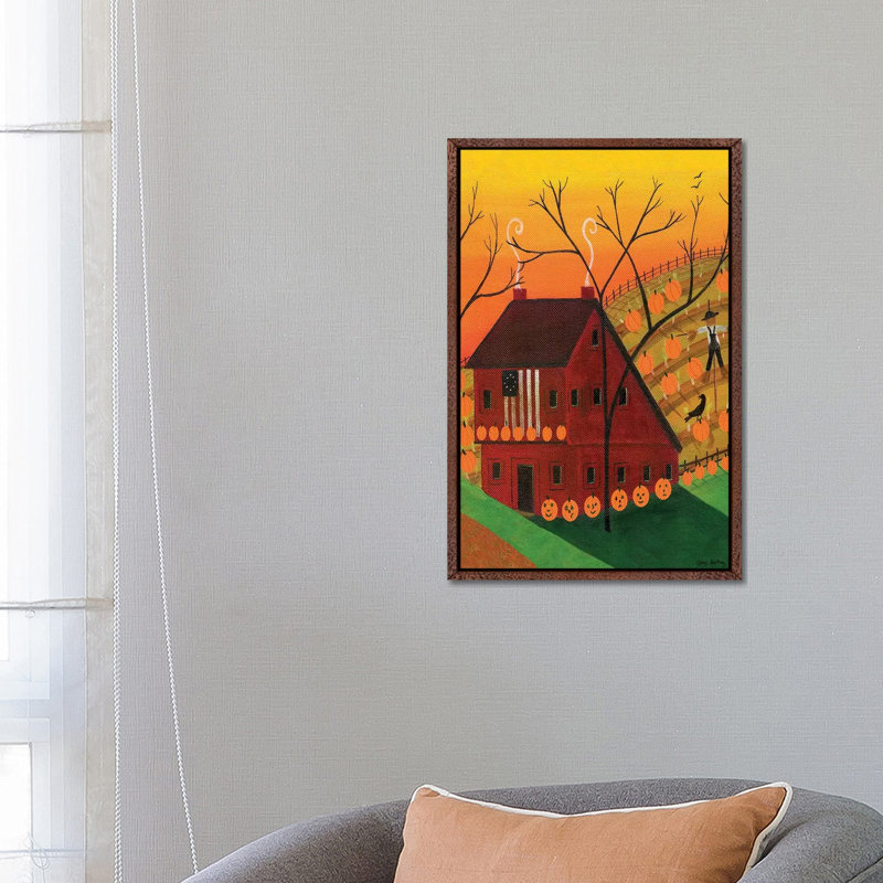 Sunset Pumpkin Saltbox by Cheryl Bartley - Print on Canvas, Classic Brown Wood Framed, 66.04 cm H x 45.72 cm W