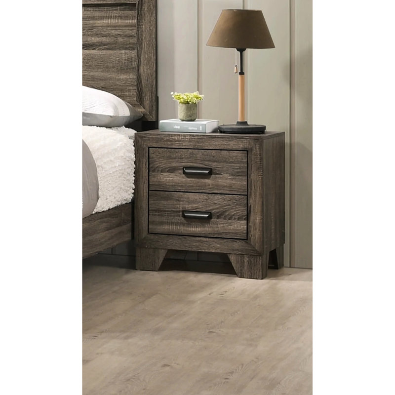 Table de chevet transitionnelle 2, sensation rustique gris et table de chevet en métal avec 2 espaces de tiroir, quincaillerie durable