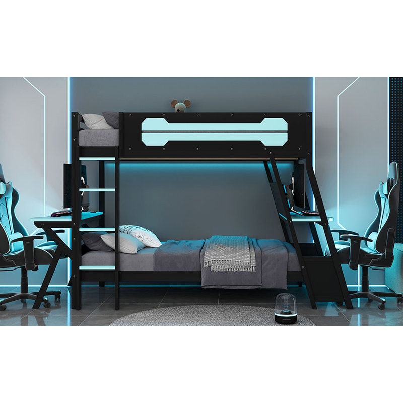 Lit superposé simple avec deux bureaux de jeu intégrés, ports de bureau USB et organisateur de panneau perforé, cadre de lit de jeu pour joueur