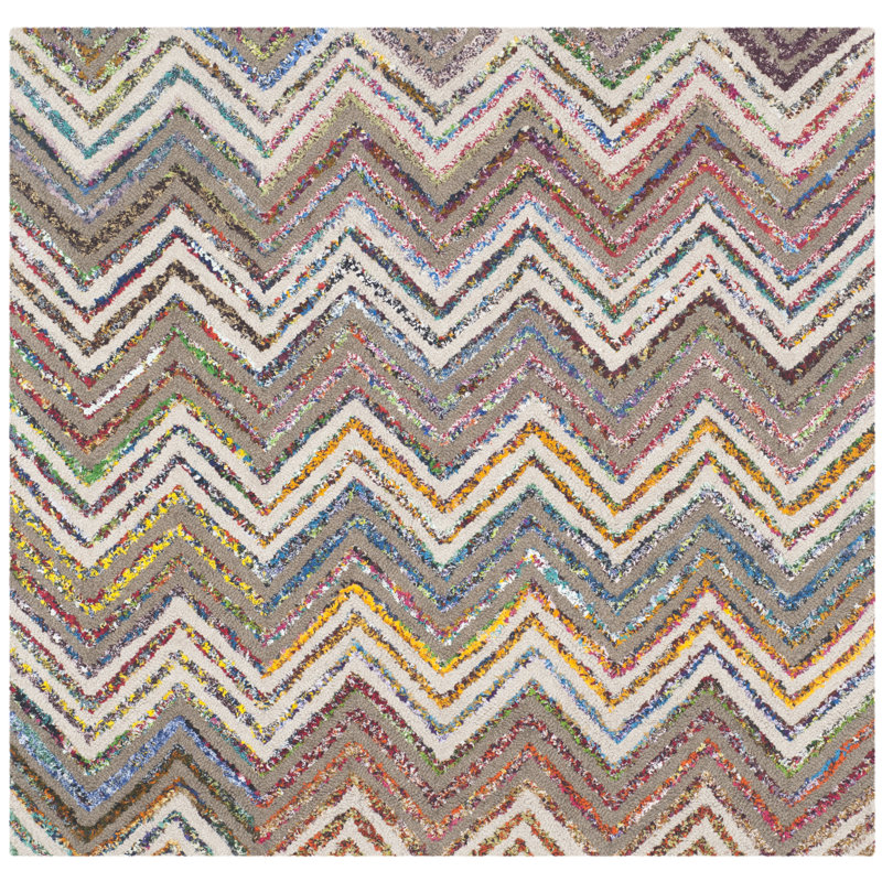 Airionna Hand Tufted Wool/Cotton Chevron Rug in Brown/Beige, Square 4'