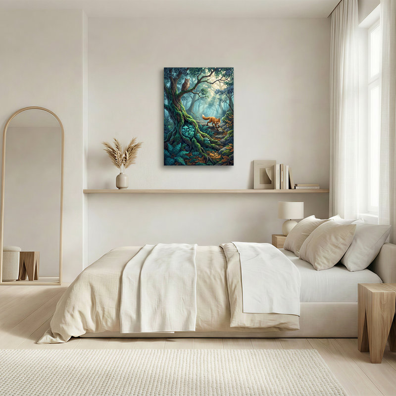 «Red Fox and Owl in Misty Forest with Glowing Mushroom», art mural sur toile, H 40 po x l 28 po