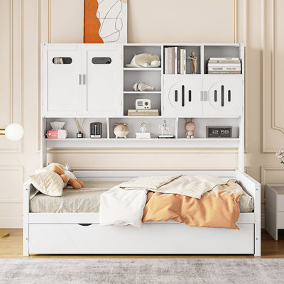 Lit de jour en bois avec lit gigogne simple, armoire et tablette tout-en-un