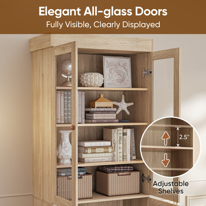 71''H Glass Door Storage Bookcase with Adjustable Shelves and Large Drawers Brown, Beige