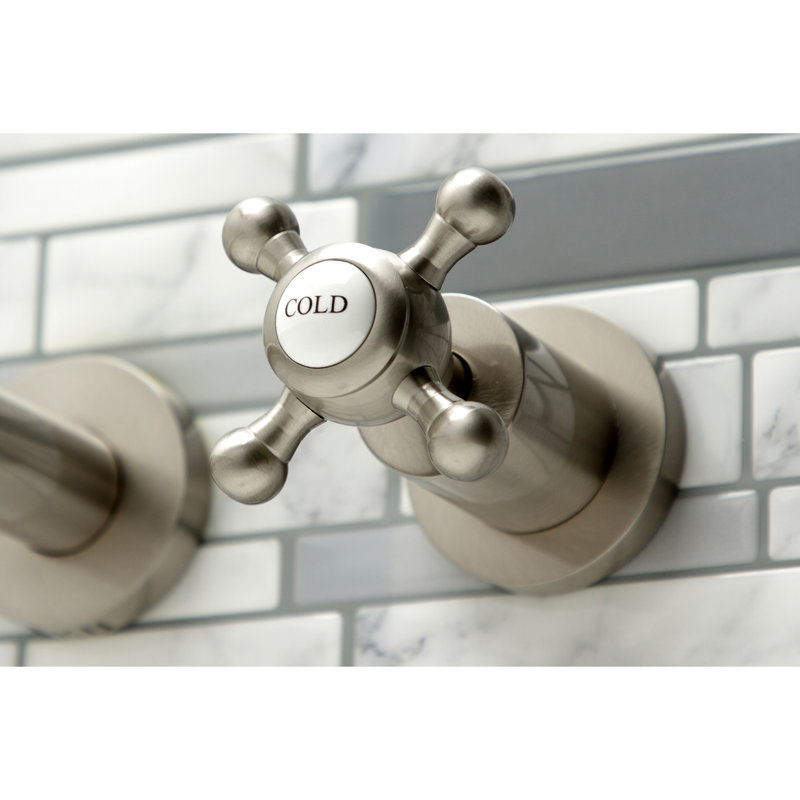 Kingston Brass Manhattan Two-Handle 3-Hole Wall Mount Roman Tub Faucet, Brushed Nickel, Cross