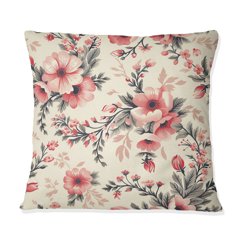 Coussin décoratif à imprimé floral beige et rose Meadows III, H 16 po x l 16 po