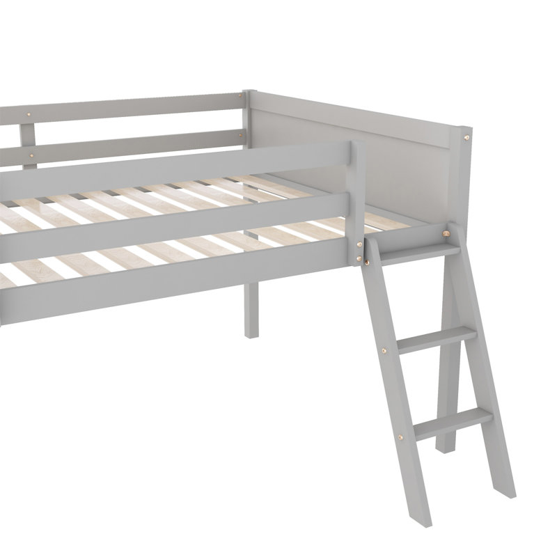 Lit mezzanine bas en bois avec échelle, Gris, Lit double