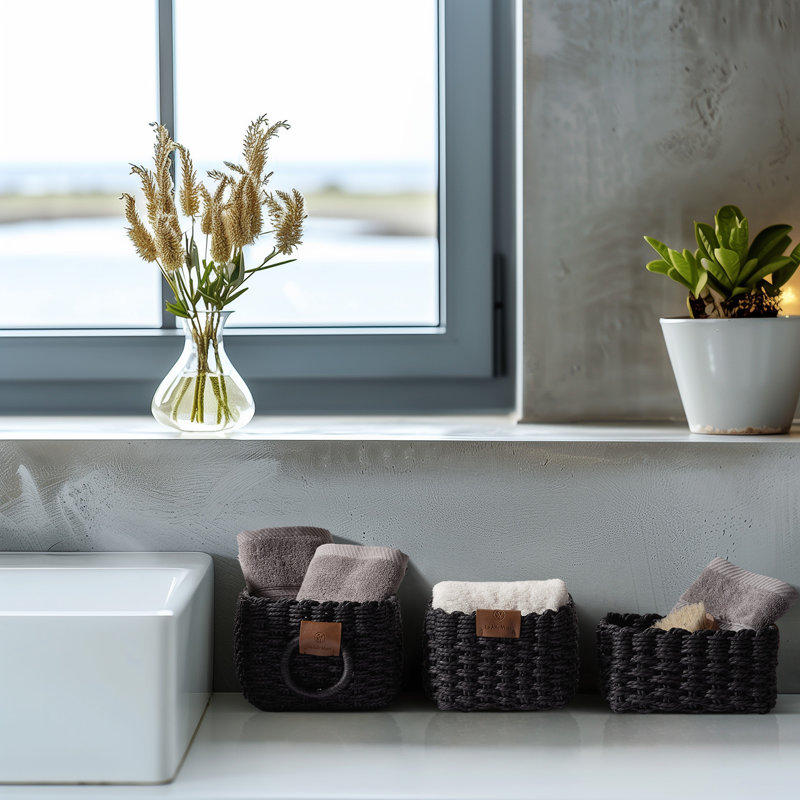 Small Wicker Baskets for Organizing, Recycled Paper Rope Storage Basket Container Bins for Shelves Bathroom Cupboards Drawer, Decorative Square Basket Organizer Set of 3