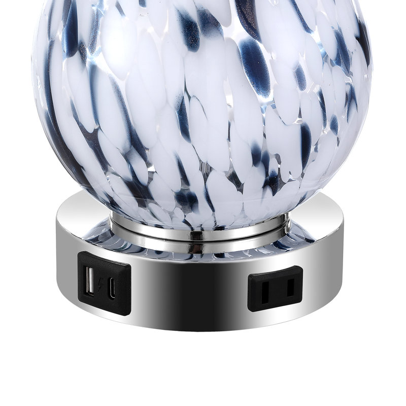 Darrius 27.5" Blue Glass Table Lamp with USB Type-C Ports and Built-in Outlet