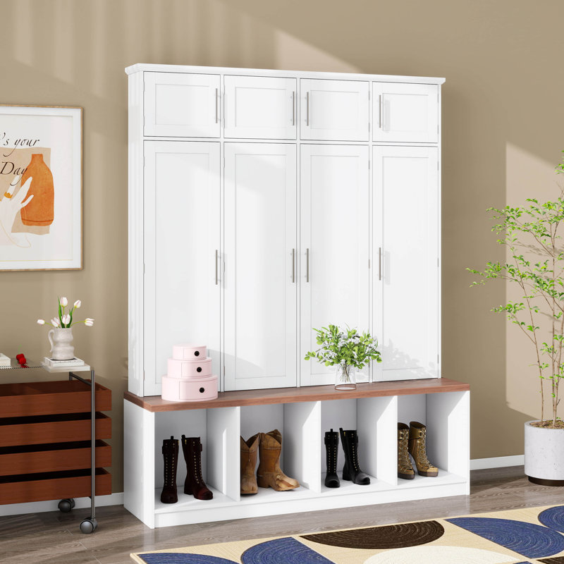 Banc d'entrée de ferme, banc d'entrée avec 4 crochets de suspension et 8 portes, armoire à chaussures avec compartiments ouverts