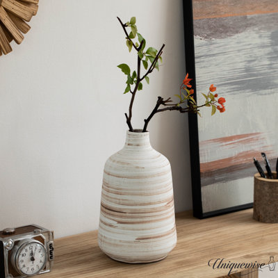 Uniquewise 11" Whitewashed Bottle-neck Decorative Pottery Flower Vase Boho Home Decor For Living Room Bedroom Kitchen Entryway & Office Rustic Centerpiece For Pampas Grass Bouquets Stems Faux Florals