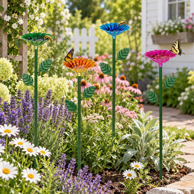 Lot de 4 stations d'arrosage en métal pour abeilles avec coupes à fleurs colorées