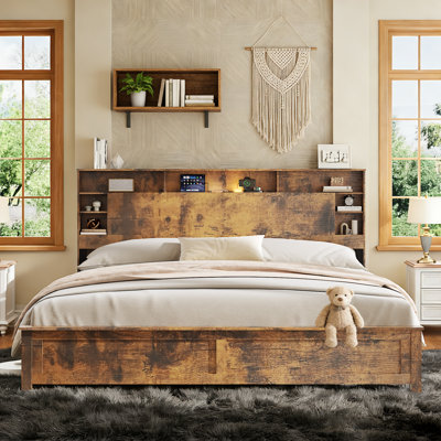 Rustic Platform Bed with LED Lights and Charging Station, Wood Bed Frame with Storage Headboard and USB Ports, Weight Capacity 800 lbs, No Box Spring Needed, Dark Brown, King