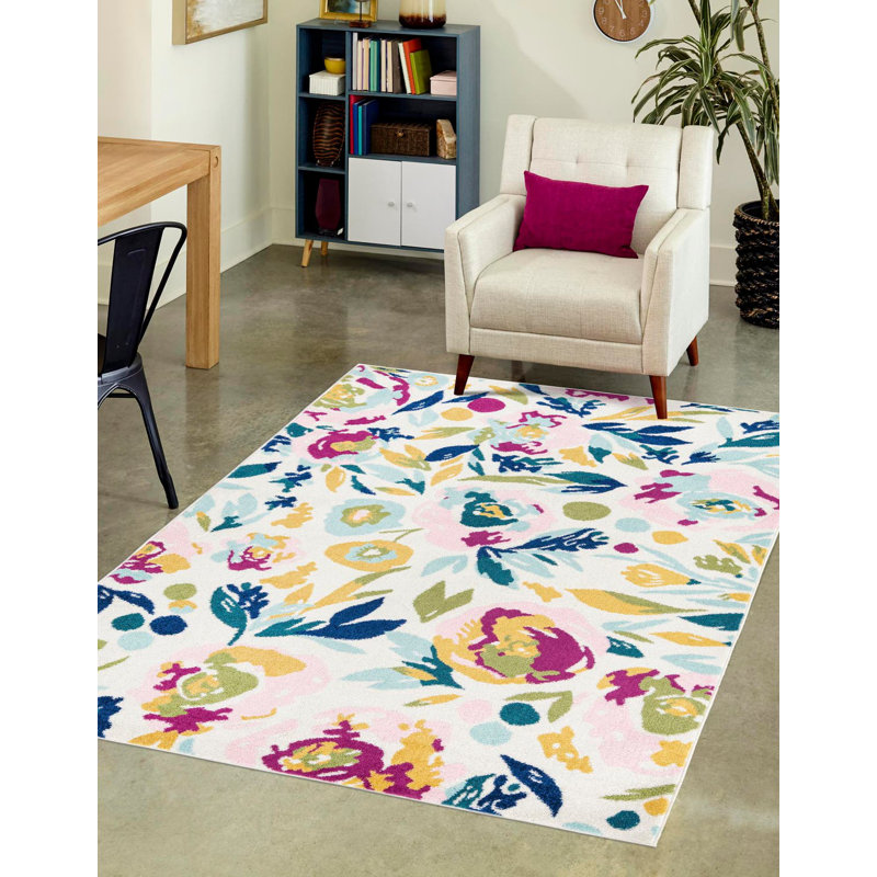 Holle Floral Area Rug, Square 7'10", White/Navy Blue/Yellow