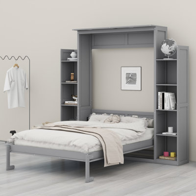 Foldable Wall Murphy Bed with Storage Shelves & LED Lights