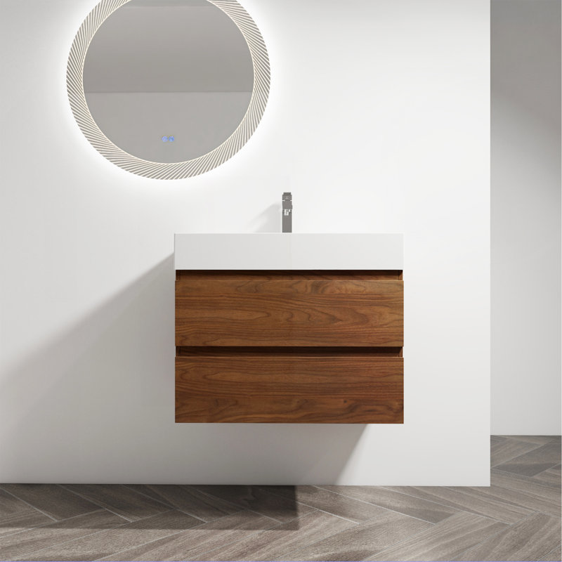 Meuble-lavabo mural 30 po avec lavabo en résine, 2 tiroirs à fermeture en douceur, ensemble KD, Chêne brun, 30"