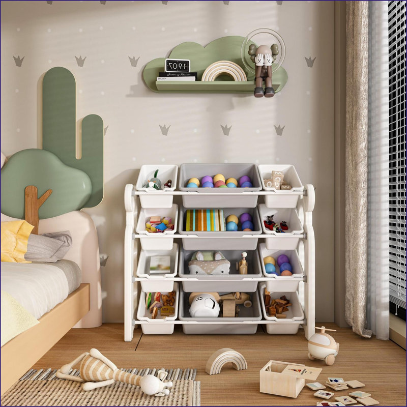 Organisateur de rangement pour jouets pour enfants avec 12 bacs, unité de chambre de bébé multifonctionnelle | Gris clair + ivoire | Polyéthylène