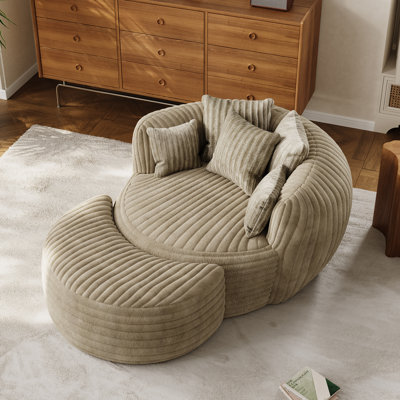 Corduroy Round Accent Chair with Crescent Ottoman Compression Chaise Lounge Chair