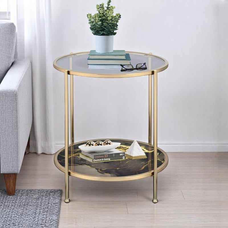 Élégante table de bout en verre Rivelle avec finition dorée - impression de marbre noir et détails champagne pour le salon