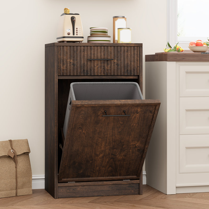 Armoire à poubelle de cuisine dissimulée et résistante aux animaux domestiques – Bac en bois cannelé inclinable de 38 litres avec rangement