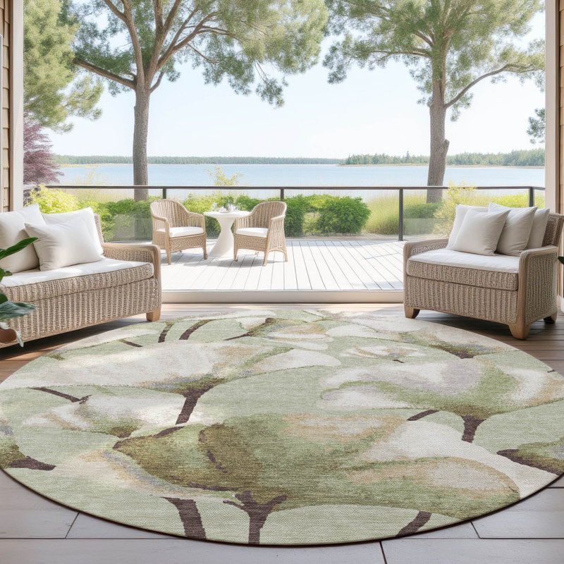 Machine Washable Indoor/Outdoor Raemoore ACN2405 Botanical Rug, Round 8'
