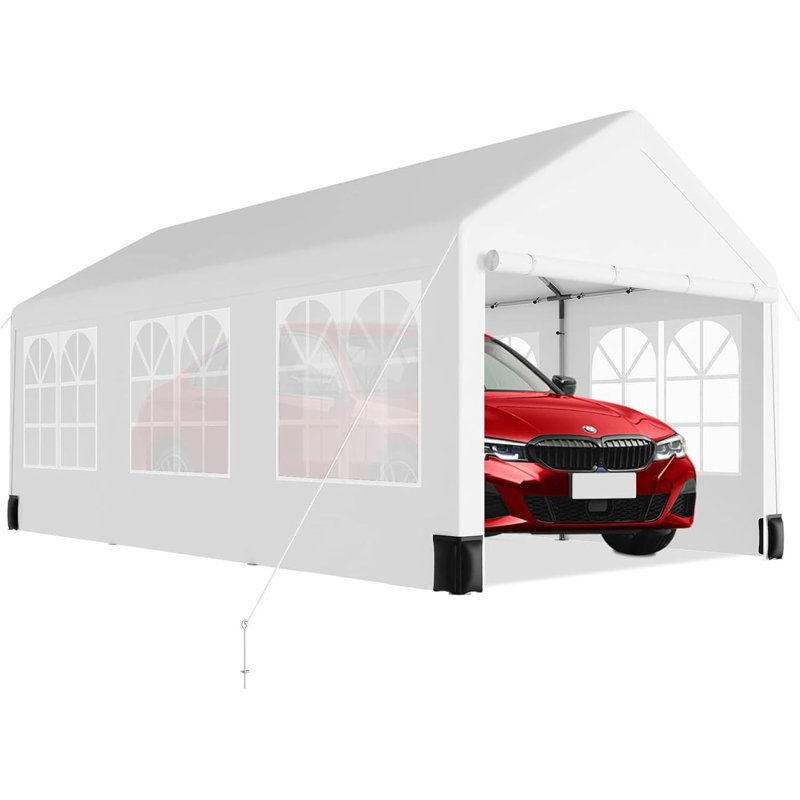 Auvent pour abri d'auto robuste, garage pour tente de voiture portable, H 111,6 po x l 144 po x P 240 po, Blanc