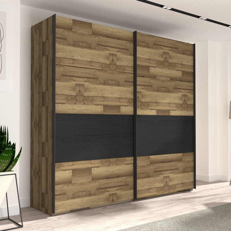 Huguley 2 Door Manufactured Wood Wardrobe, 210.5cm H x 220.1cm W x 61.2cm D, Brown/Black